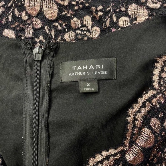 Tahari Black & Rose Gold Lace V Neck Sheath Dress 2 XS - Picture 9 of 11